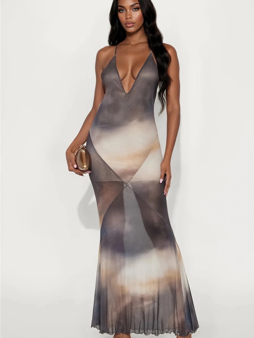 Fashion Nova Taupe Ombre Plunge Maxi Dress